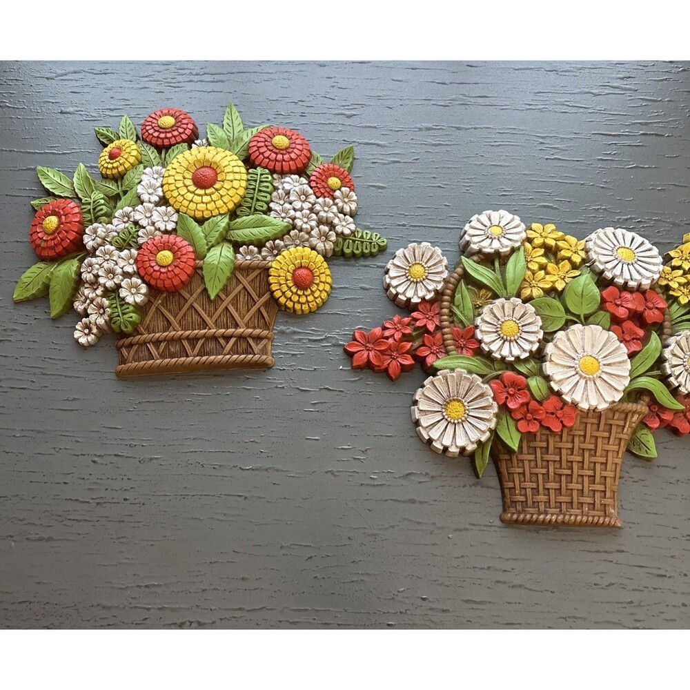 VTG Syroco Floral Basket Wall Decor Set Of 2- 1975 Retro Mid Century Daisy Boho